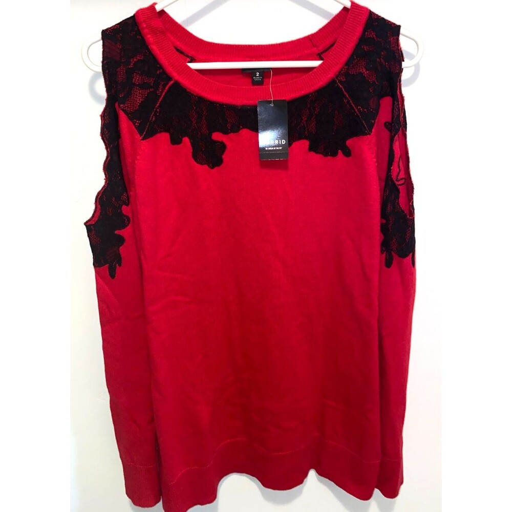 Torrid Open Shoulder Red With Black Lace Sweater sz 2 2X Long Sleeve Knit NWT